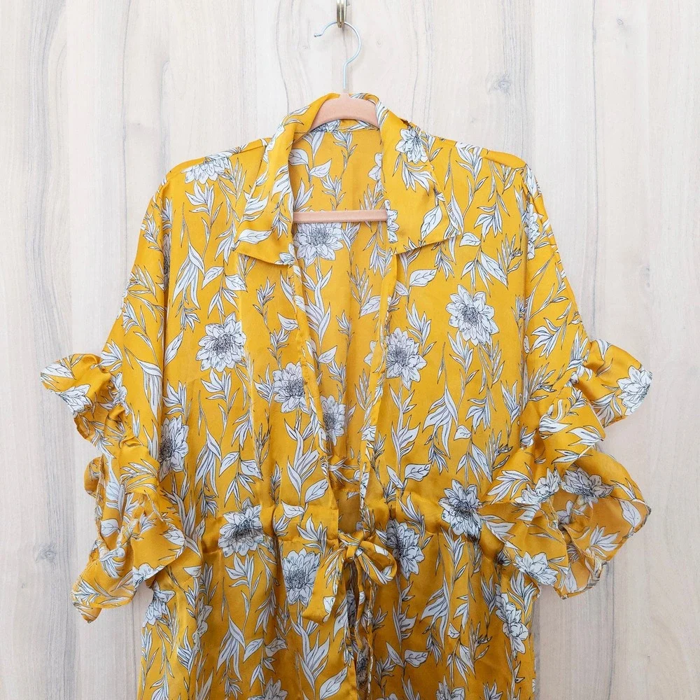 Womens‎ Floral Kimono Coverup One Size Yellow Ruffle Tie Waist Boho Romantic